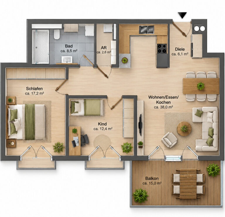 Grundriss Moderne 3-Zimmer-Wohnung in Irslingen, mit Garten-Sondernutzungsrecht – Bezugsfertig