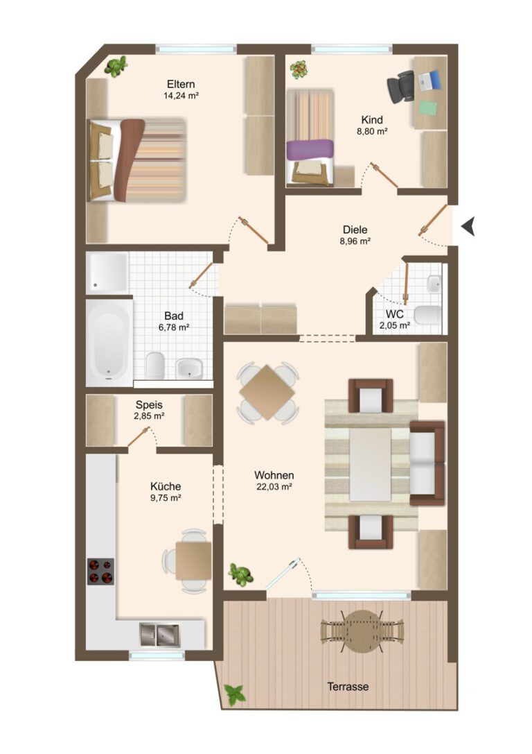 Grundriss Wohnen auf einer Ebene – 3 Zimmer mit Terrasse und zwei Stellplätzen
